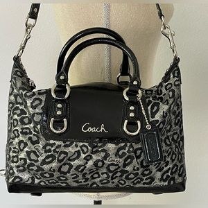 Coach Ocelot Leopard Ashley Shoulder Bag Black Metallic Silver & Eyeglass Case